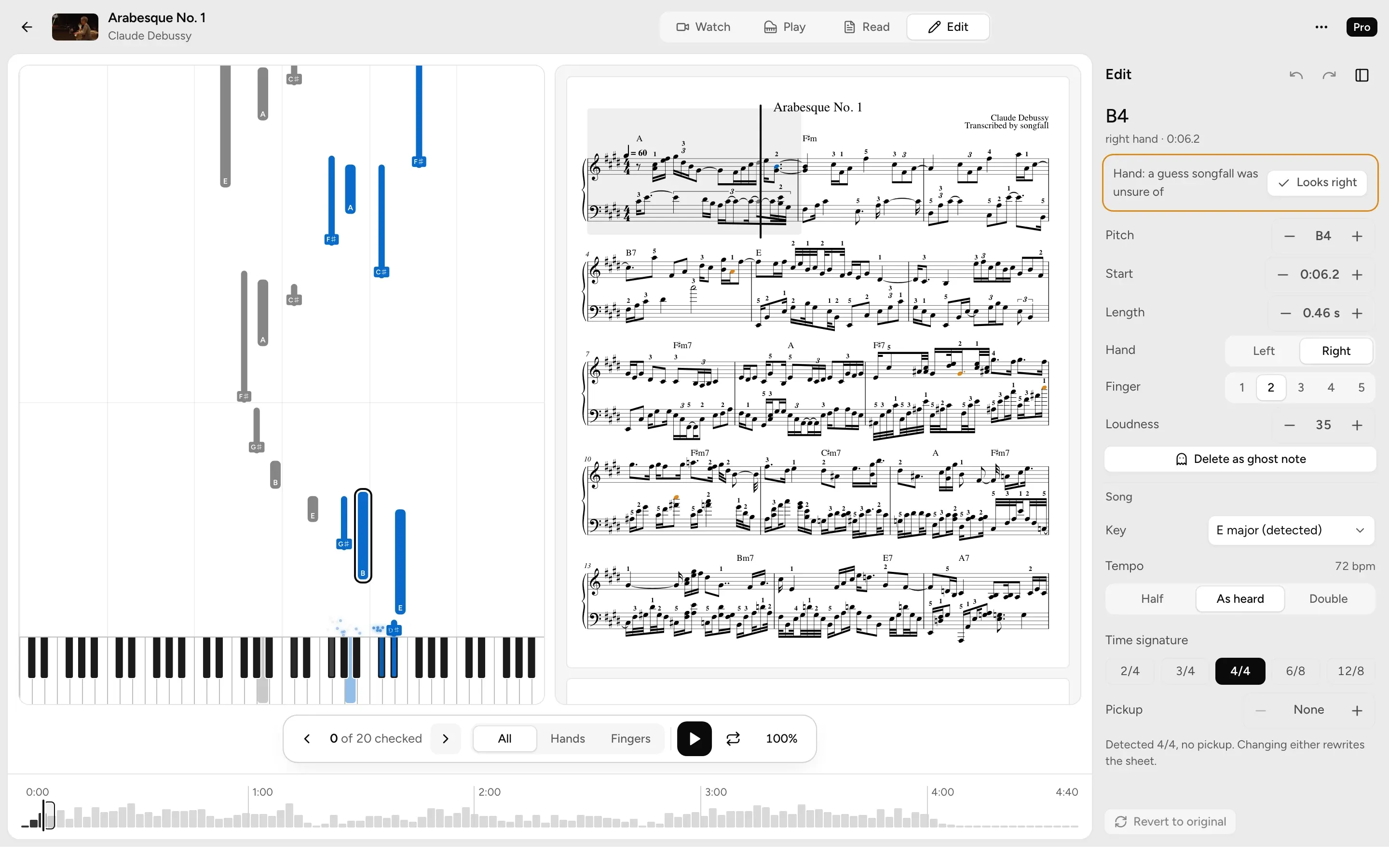 Arabesque No. 1 in Edit mode: the falling notes beside the sheet, with a note songfall was unsure of selected and its pitch, timing, hand and finger in the panel.