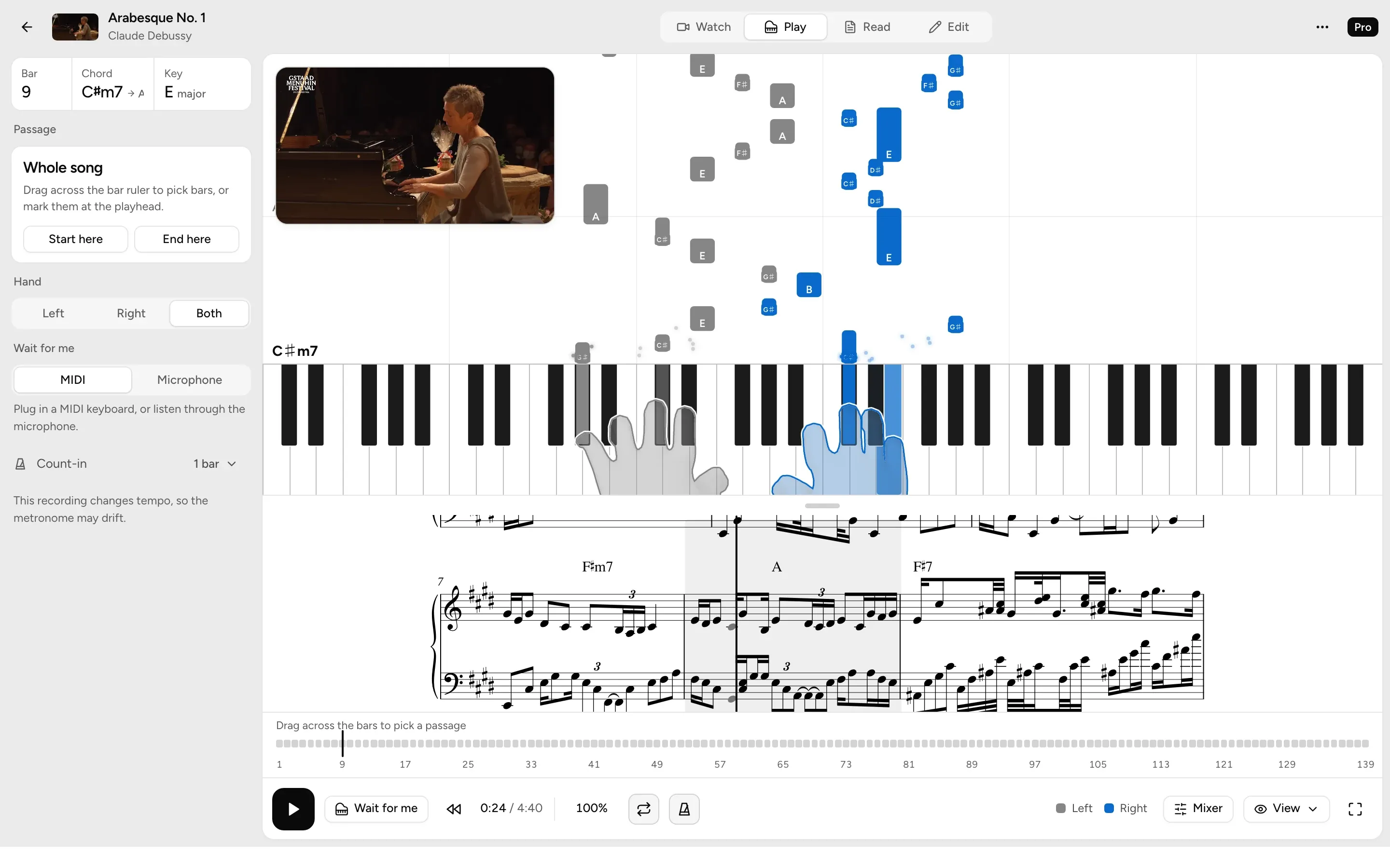 Arabesque No. 1 in Play mode: the performance, falling notes over a keyboard with each hand in its own colour, and the sheet below.
