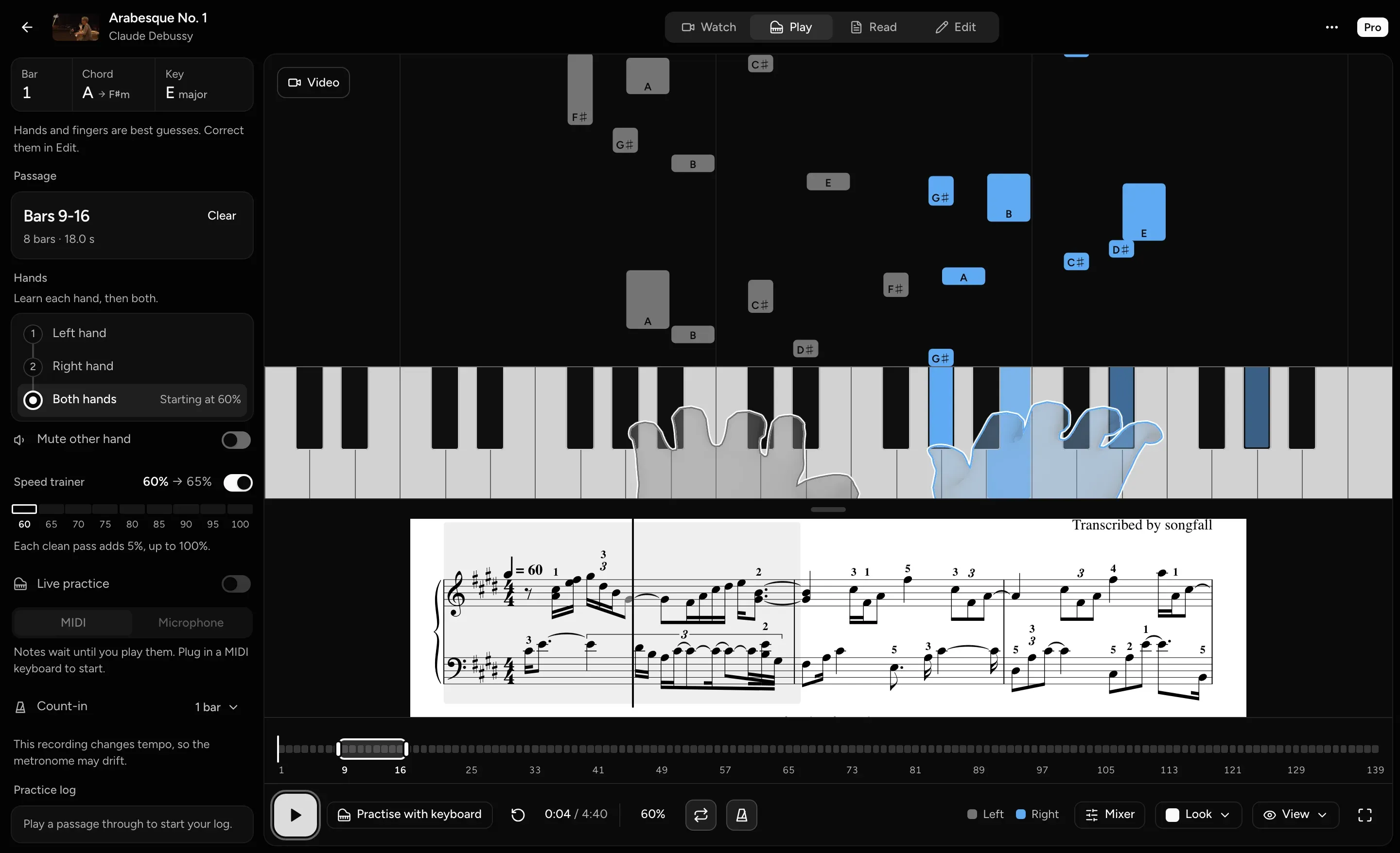 The practice panel beside the falling notes: passage, hands and speed trainer.