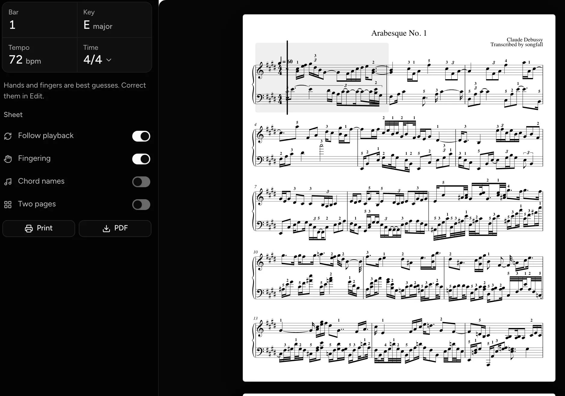 Arabesque No. 1 in Read mode: the engraved sheet with fingering numbers.