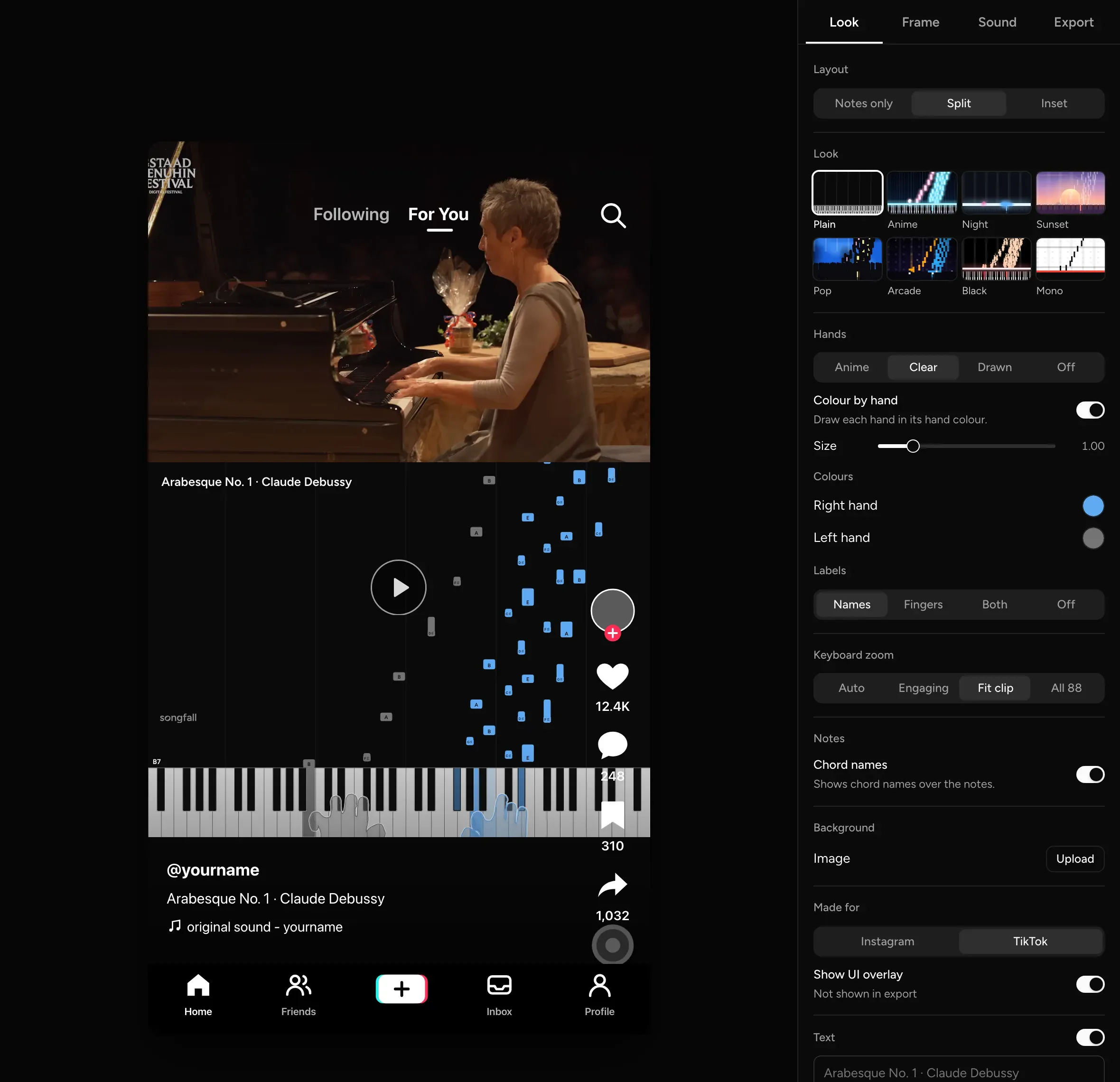 Video studio: a vertical clip split between the performance and the falling notes, with a TikTok preview over it and settings for layout, look, hands, hand colours, chord names, background and platform.